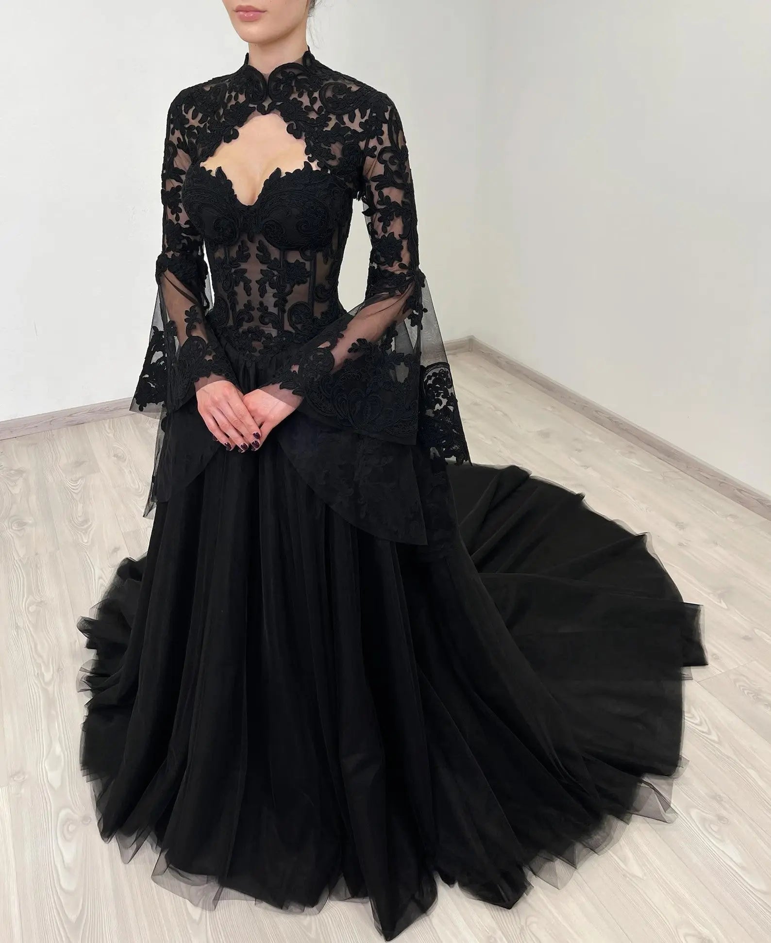 Black Luxury Gothic Wedding Dress Sheer Lace Ball Gown ZP029