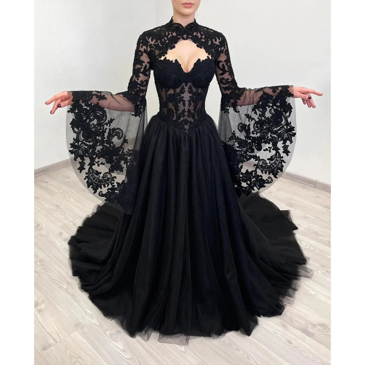 Black Luxury Gothic Wedding Dress Sheer Lace Ball Gown ZP029