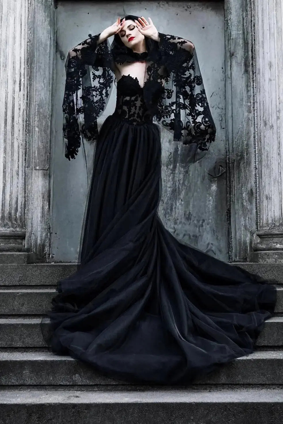 Black Luxury Gothic Wedding Dress Sheer Lace Ball Gown ZP029