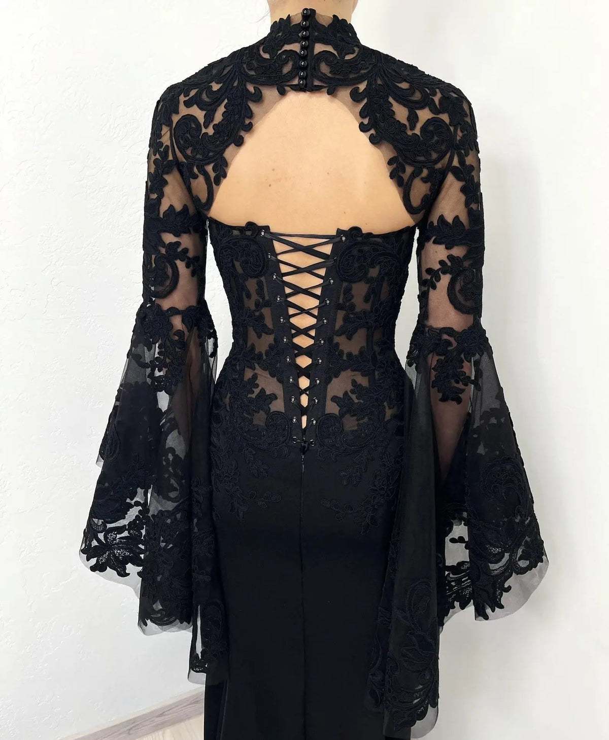 Black Luxury Gothic Wedding Dress Sheer Lace Mermaid ZP200