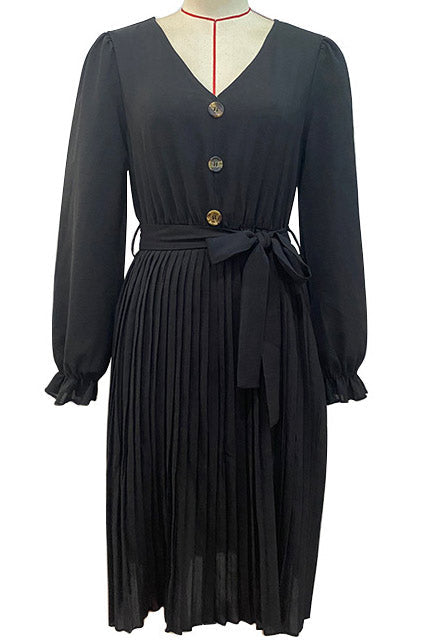 Black Knee Length Pleated Long Sleeve Dress - Fashionpara