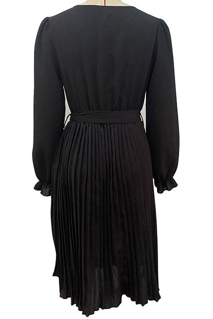Black Knee Length Pleated Long Sleeve Dress - Fashionpara