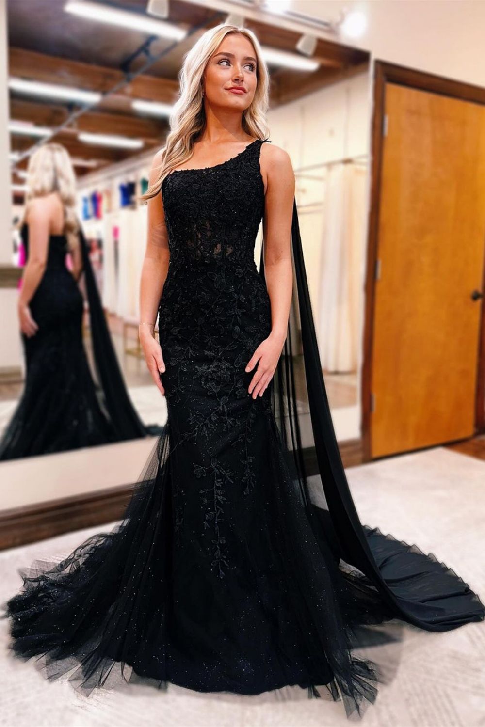 Black Beaded Mermaid Lace One Shoulder Long Prom Dress With Shawl - FashionDia