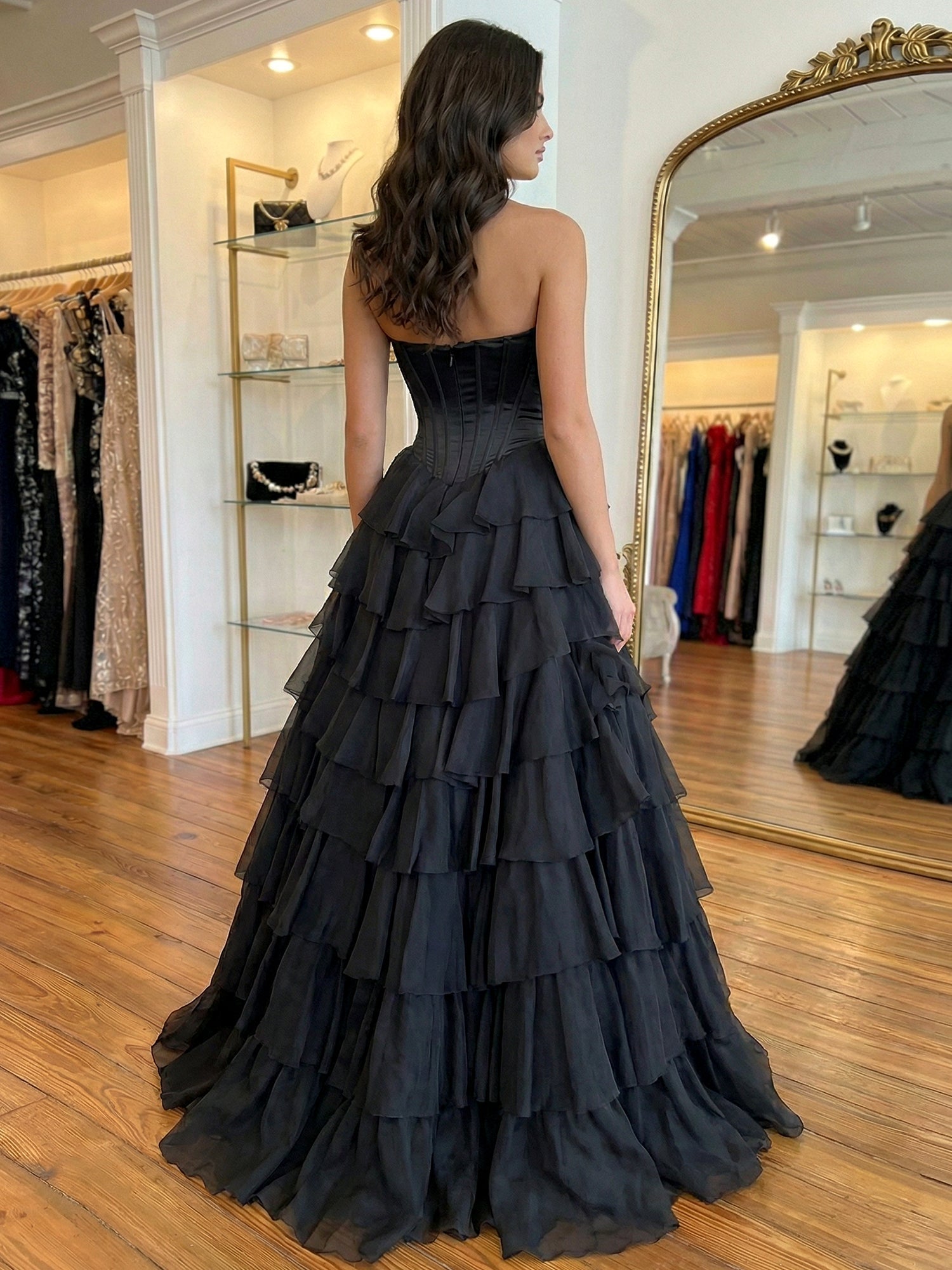 Black Satin Lace Applique Corset Prom Dress with Slit