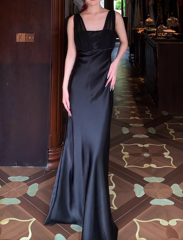 Black Satin Retro Prom Dress Evening Formal Gown