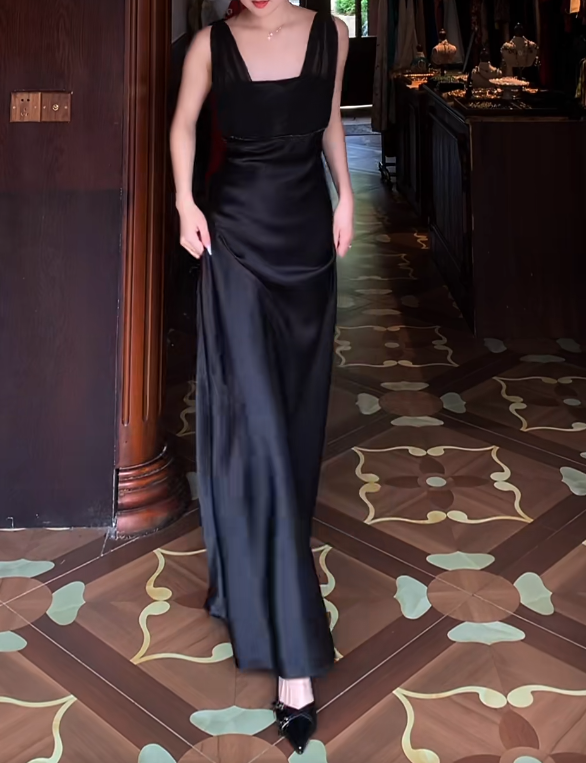 Black Satin Retro Prom Dress Evening Formal Gown
