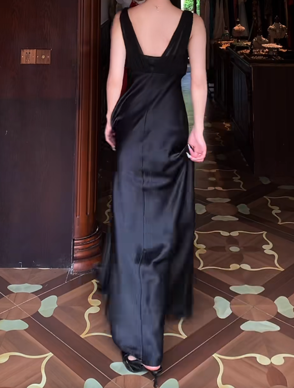 Black Satin Retro Prom Dress Evening Formal Gown