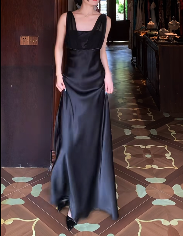 Black Satin Retro Prom Dress Evening Formal Gown