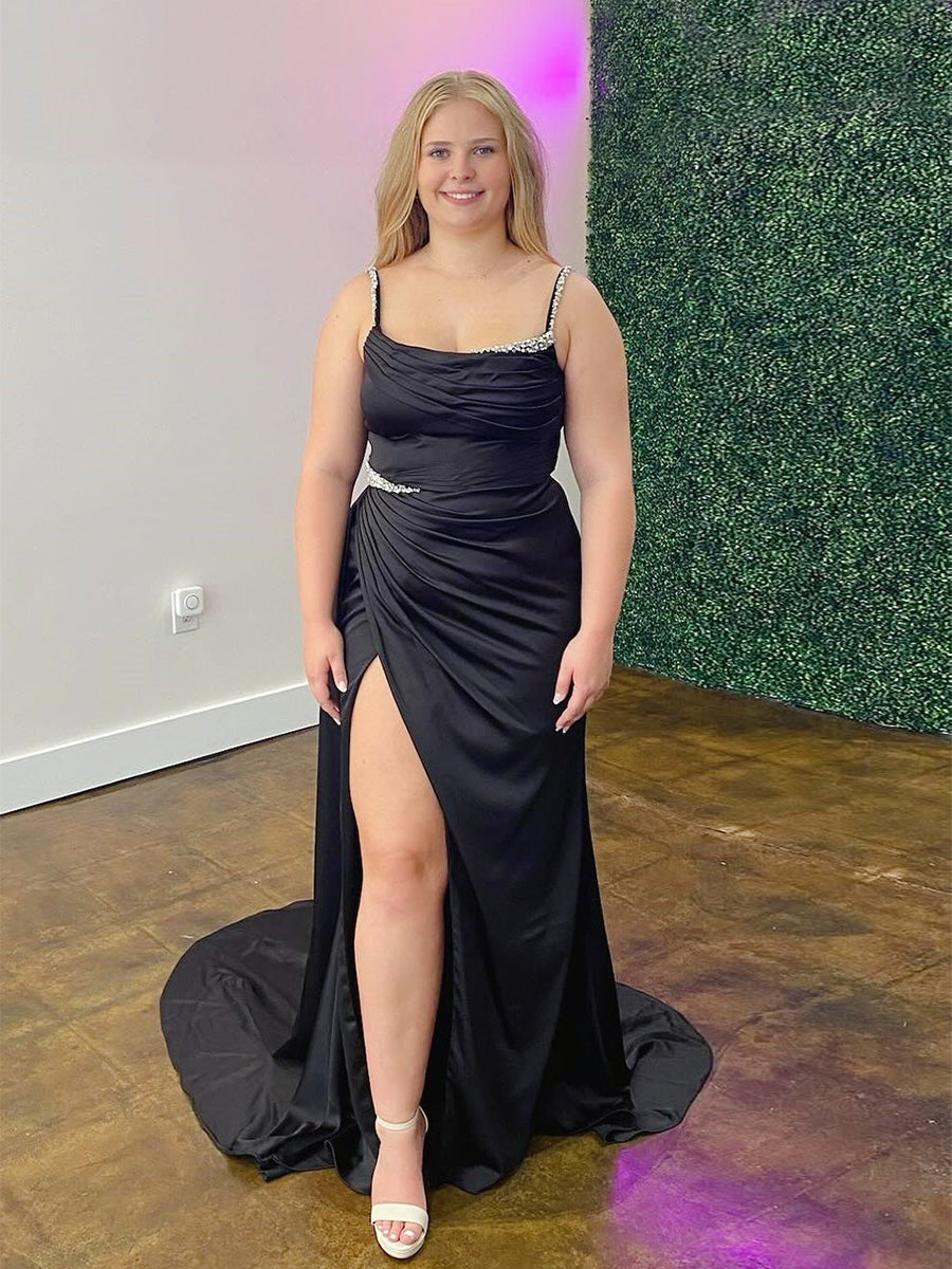 Black Satin Crystal Straps Ruched Prom Dress with Slit - FashionDia
