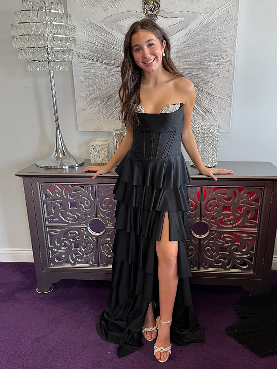 Black Strapless Tiered Ruffles Corset Prom Dress with Slit - FashionDia