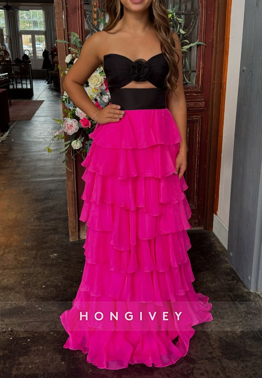 A-Line High Low Floral Embossed Sweetheart Holiday Prom Dresses