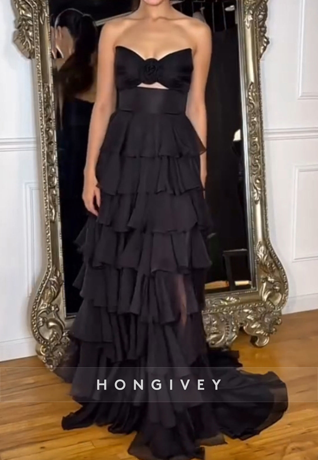 A-Line High Low Floral Embossed Sweetheart Holiday Prom Dresses