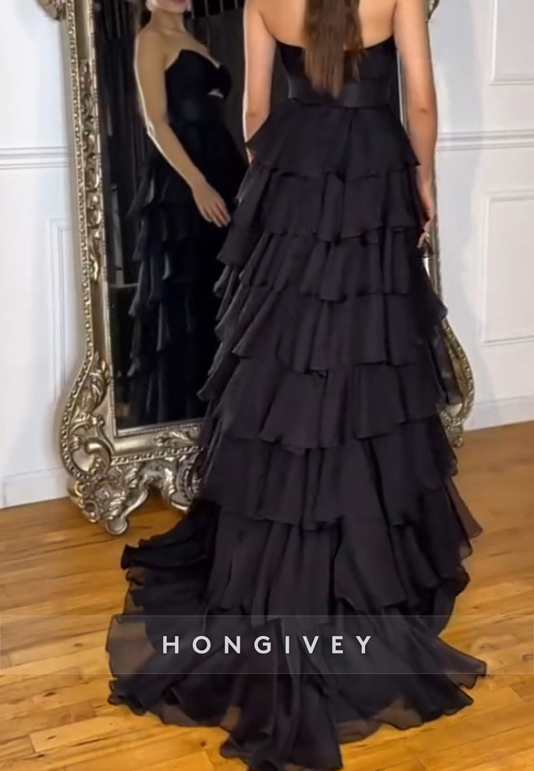 A-Line High Low Floral Embossed Sweetheart Holiday Prom Dresses