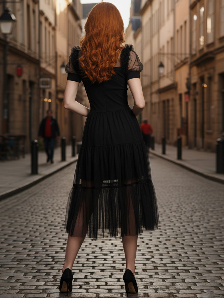 Black Tulle A-Line Collar Neck Midi Cocktail Party Dress Cosplay Costume - View 2 | FashionDia