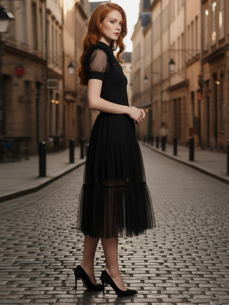 Black Tulle A-Line Collar Neck Midi Cocktail Party Dress Cosplay Costume - View 3 | FashionDia