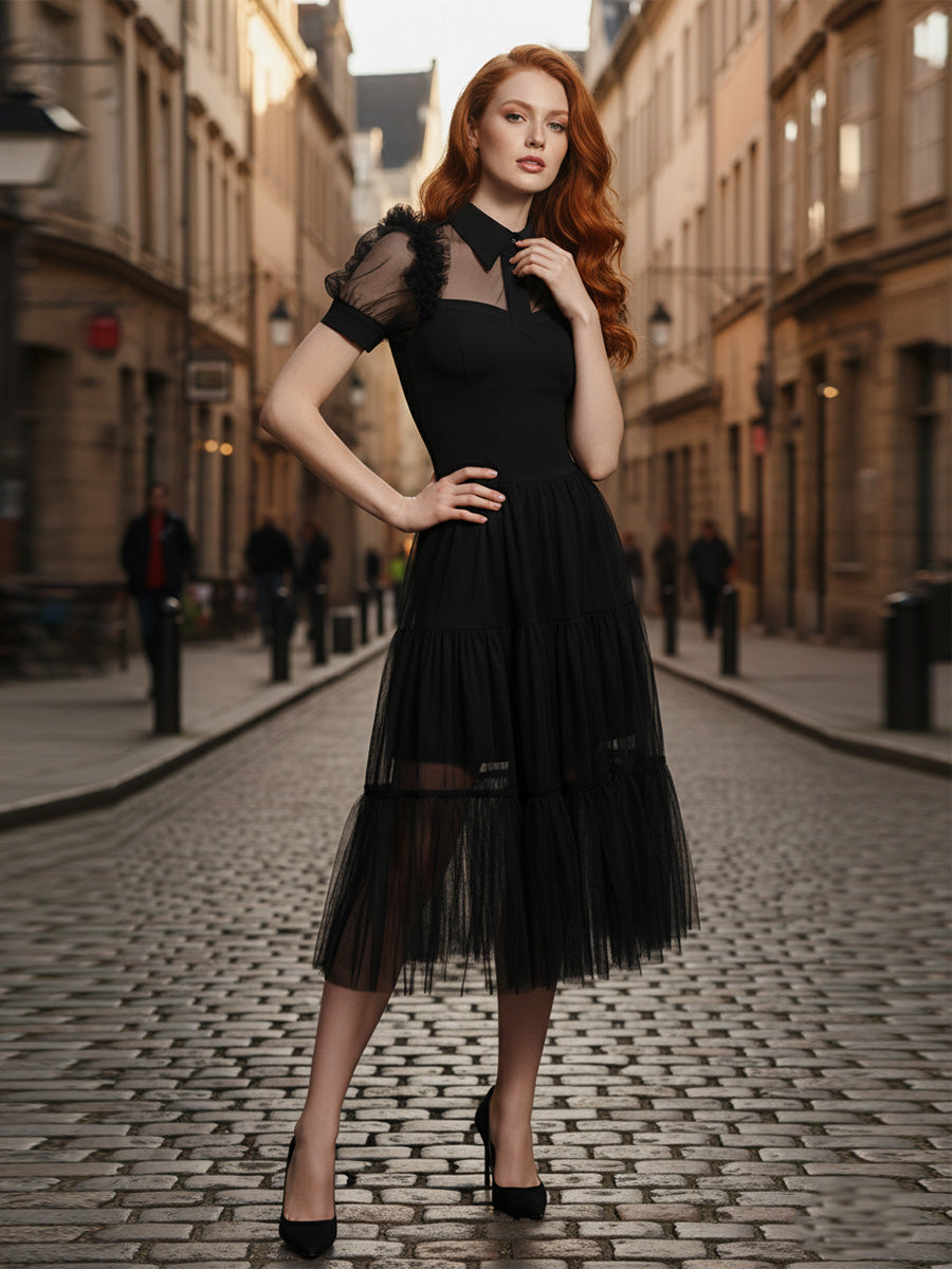 Black Tulle A-Line Collar Neck Midi Cocktail Party Dress Cosplay Costume - FashionDia