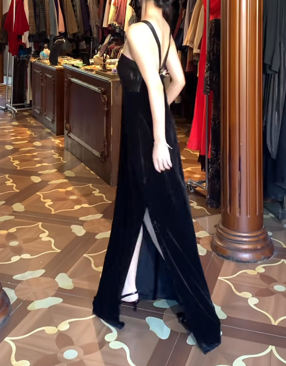 Black Velvet Prom Dress With Side Slit Formal Evening Gown J9674