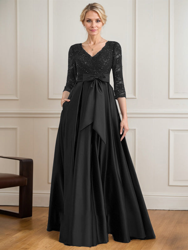 A-line V-Neck Floor-Length Satin Lace Mother of the Bride Dress With Sequins Bow - View 14 | FashionDia