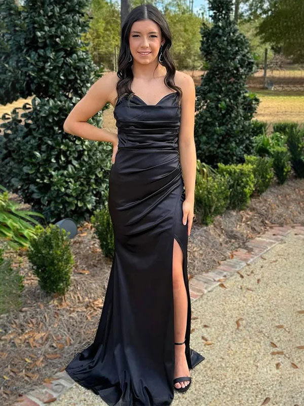 Black Mermaid Strapless V-Neck Satin Pleated Long Prom Dress with Slit - FashionDia