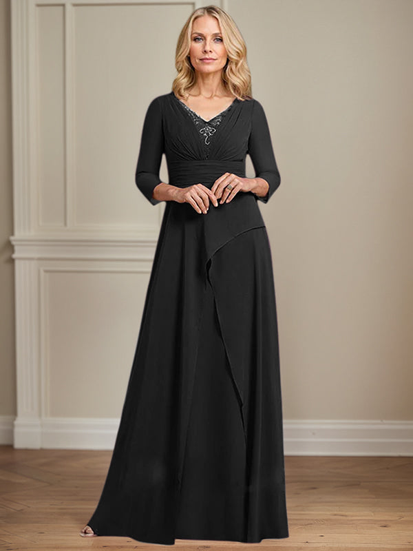 A-line V-Neck Floor-Length Chiffon Mother of the Bride Dress With Pleated Beading - View 8 | FashionDia