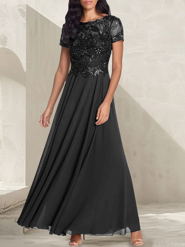 Charcoal Grey A-Line Scoop Long Mother of the Bride Dress With Beadings - View 6 | FashionDia
