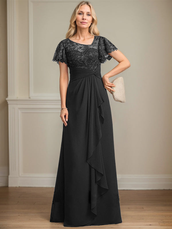 A-line Asymmetrical Illusion Floor-Length Lace Chiffon Mother of the Bride Dress With Cascading Ruffles Sequins - View 9 | FashionDia