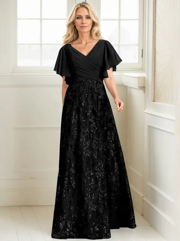 A-line V-Neck Floor-Length Lace Sequin Chiffon Mother of the Bride Dress With Pleated - View 4 | FashionDia