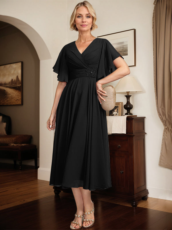 A-line V-Neck Tea-Length Chiffon Mother of the Bride Dress With Pleated Beading - View 8 | FashionDia