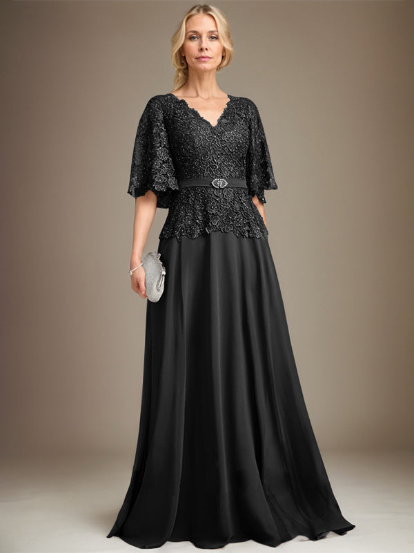 A-line V-Neck Floor-Length Chiffon Lace Mother of the Bride Dress With Crystal Brooch Rhinestone - View 9 | FashionDia