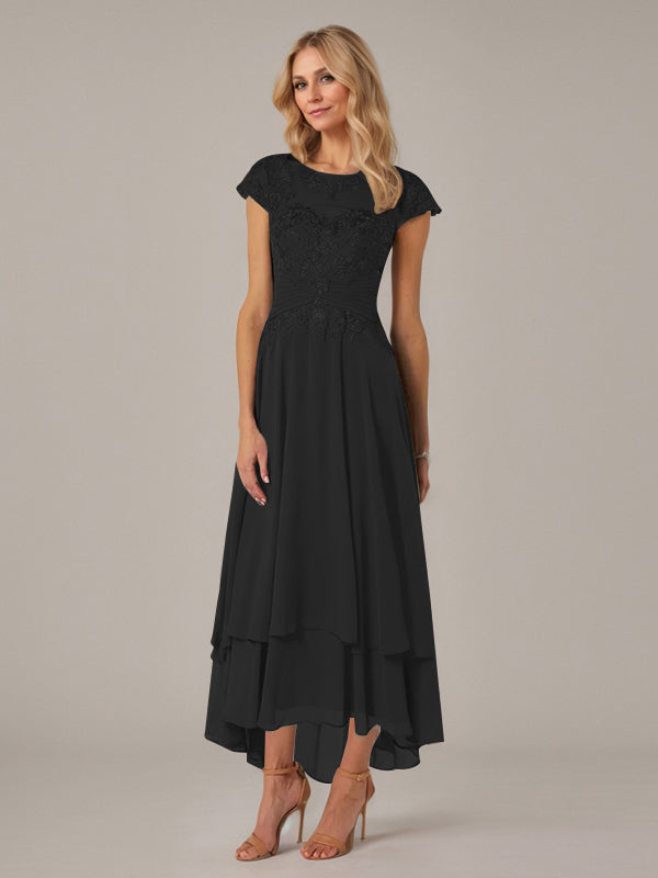 A-line Boat Neck Illusion Asymmetrical Chiffon Lace Mother of the Bride Dress With Applique Pleats - View 10 | FashionDia
