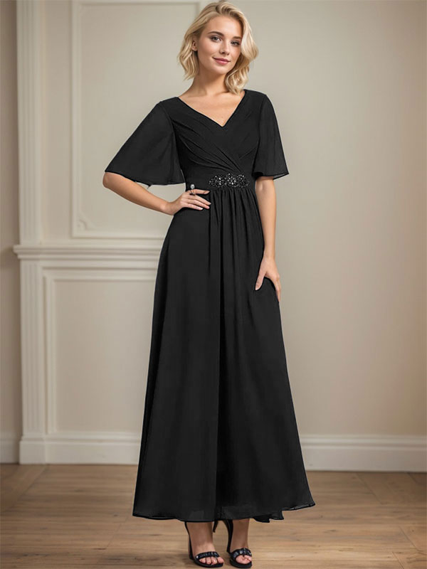 A-line V-Neck Ankle-Length Chiffon Mother of the Bride Dress With Pleated Beading Sequins - View 11 | FashionDia