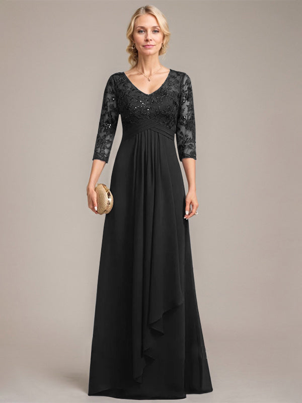 A-line V-Neck Floor-Length Lace Chiffon Mother of the Bride Dress With Cascading Ruffles Sequins - View 9 | FashionDia
