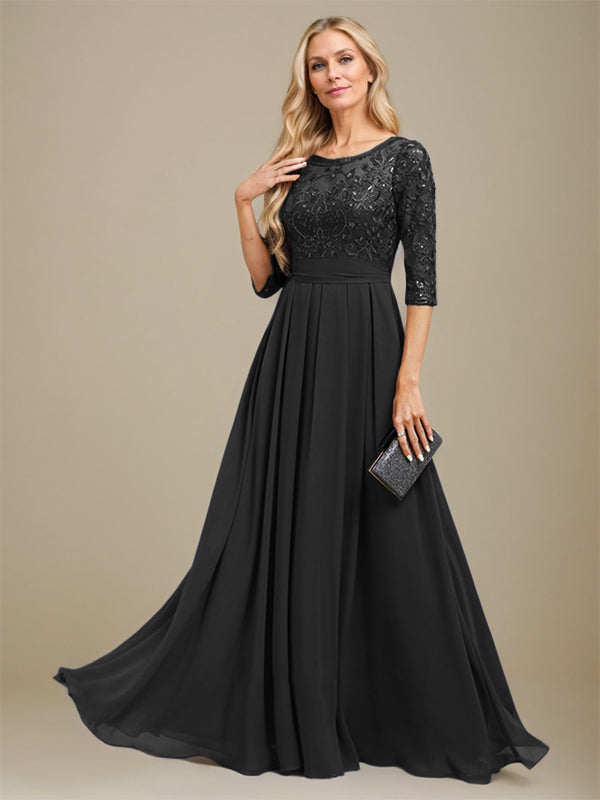 A-Line Scoop Floor-Length Lace Chiffon Mother Of the Bride Dress With Sequins Applique - View 9 | FashionDia