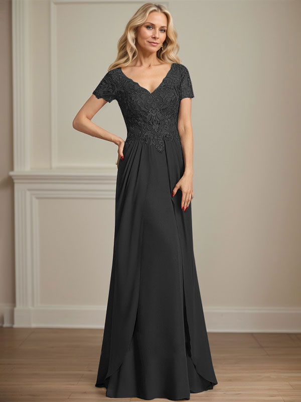 A-line V-Neck Floor-Length Chiffon Lace Mother of the Bride Dress - View 15 | FashionDia