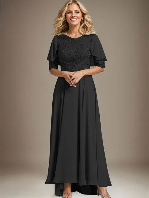 A-line Scoop Illusion Asymmetrical Chiffon Lace Mother of the Bride Dress With Beading - View 9 | FashionDia