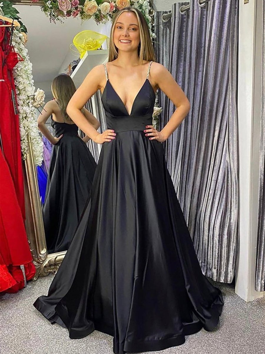 Black A Line Deep V Neck Satin Long Prom Dress