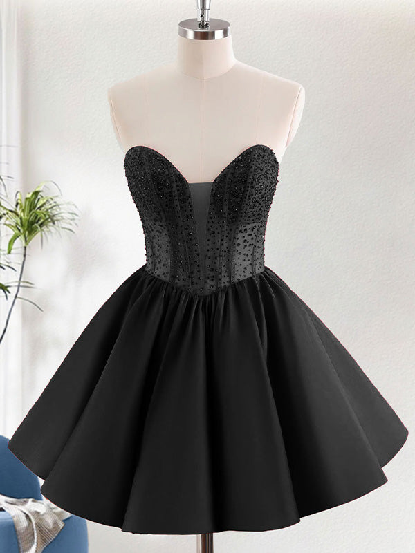 A-Line Strapless Ruffle Short Homecoming Dress with Beading - FashionDia