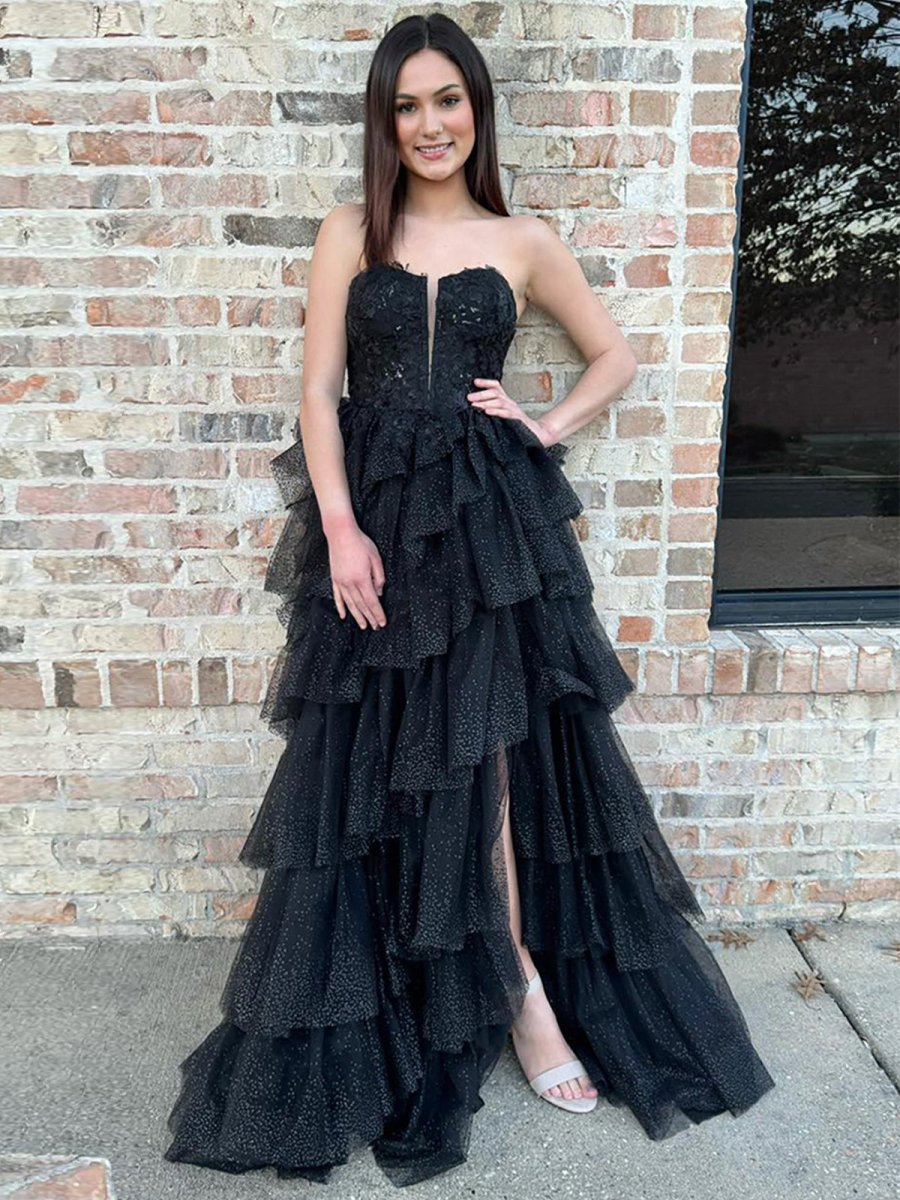 Black A-Line Strapless Tiered Tulle Long Prom Dress with Appliques - FashionDia