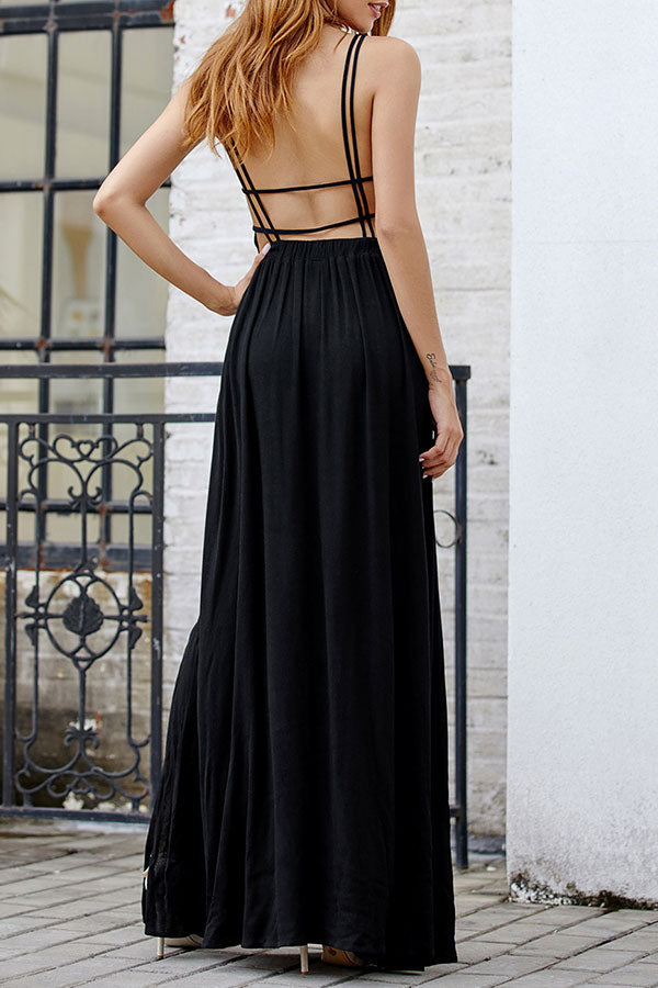 Black V-neck Spaghetti Straps Backless Prom Evening Dress - Fashionpara