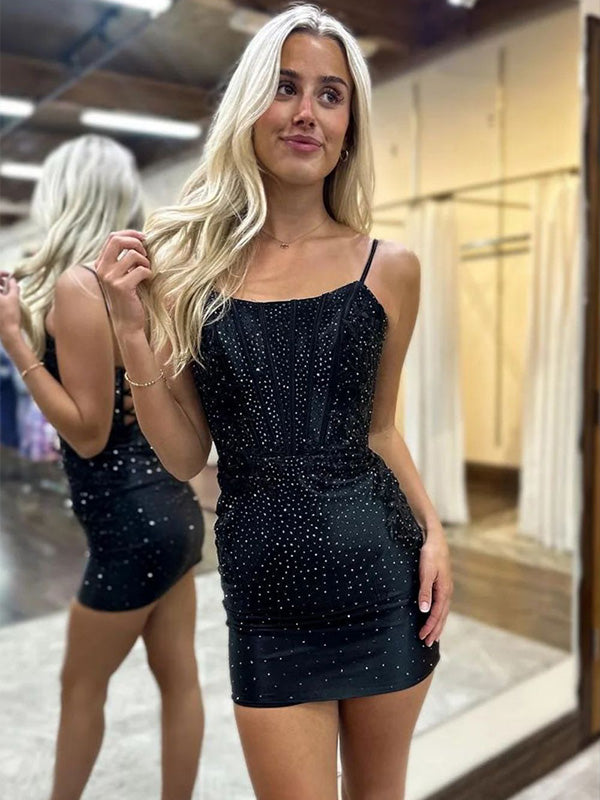 Bodycon Spaghetti Straps Lace Up Beaded Homecoming Dress With Appliques - FashionDia