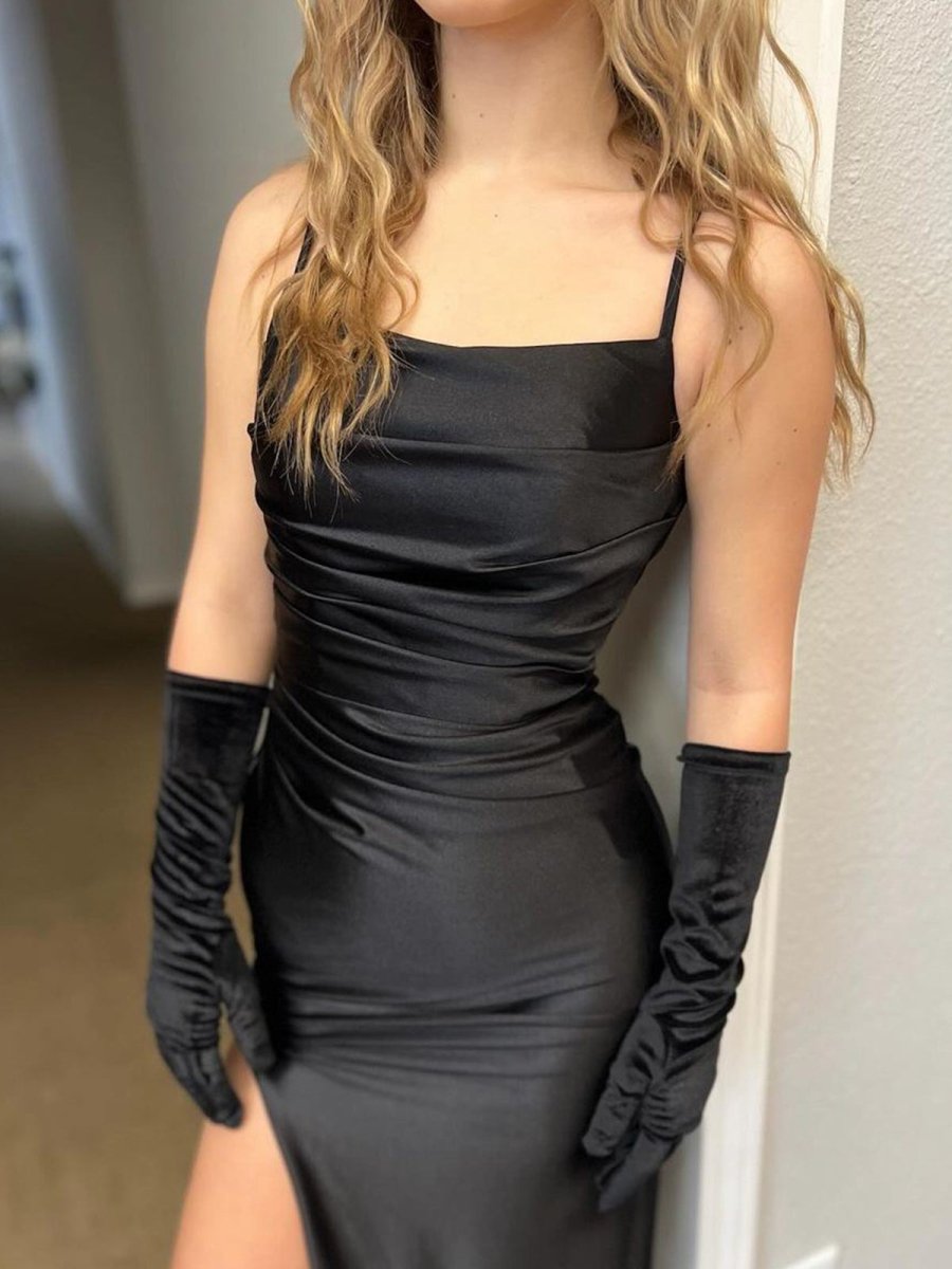 Black Mermaid Spaghetti Straps Satin Pleated Long Prom Dress with Slit