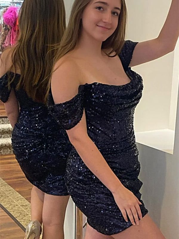 Off-the-Shoulder Sequin Short Homecoming Dress - FashionDia