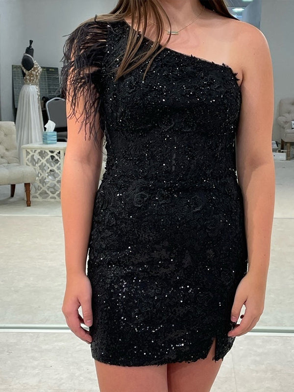 Black One Shoulder Sequins Bodycon Corset Homecoming Dress with Feather