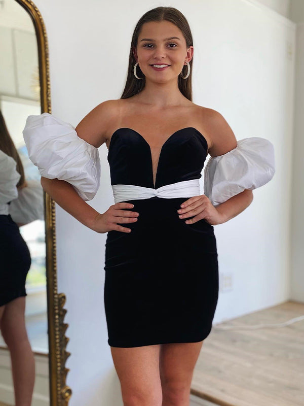 Plunge Neck Short Homecoming Dress With Puff Sleeves