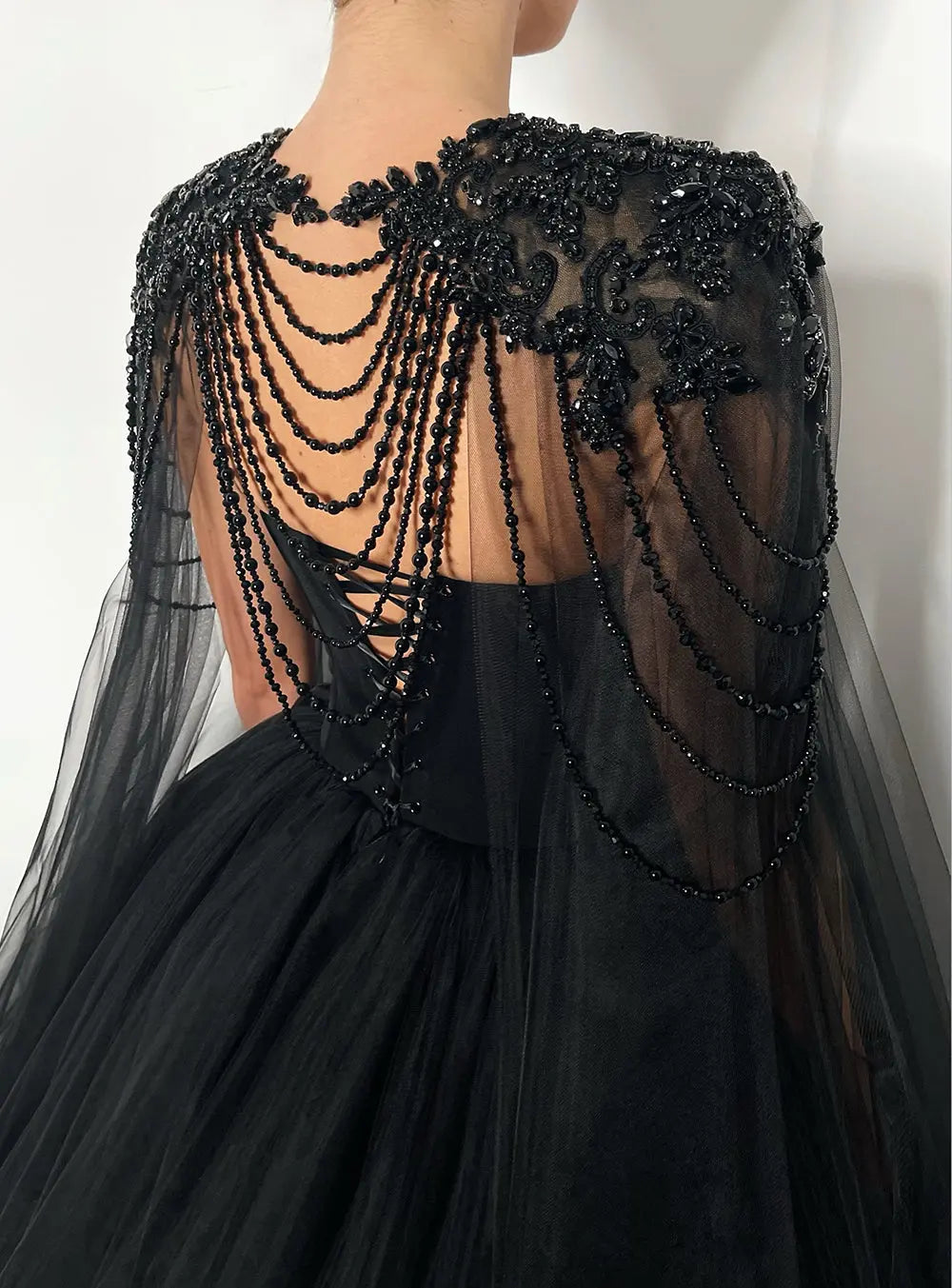 Black Luxury Gothic Wedding Dress Beaded Tulle Ball Gown With Sheer Beaded Cape ZP028