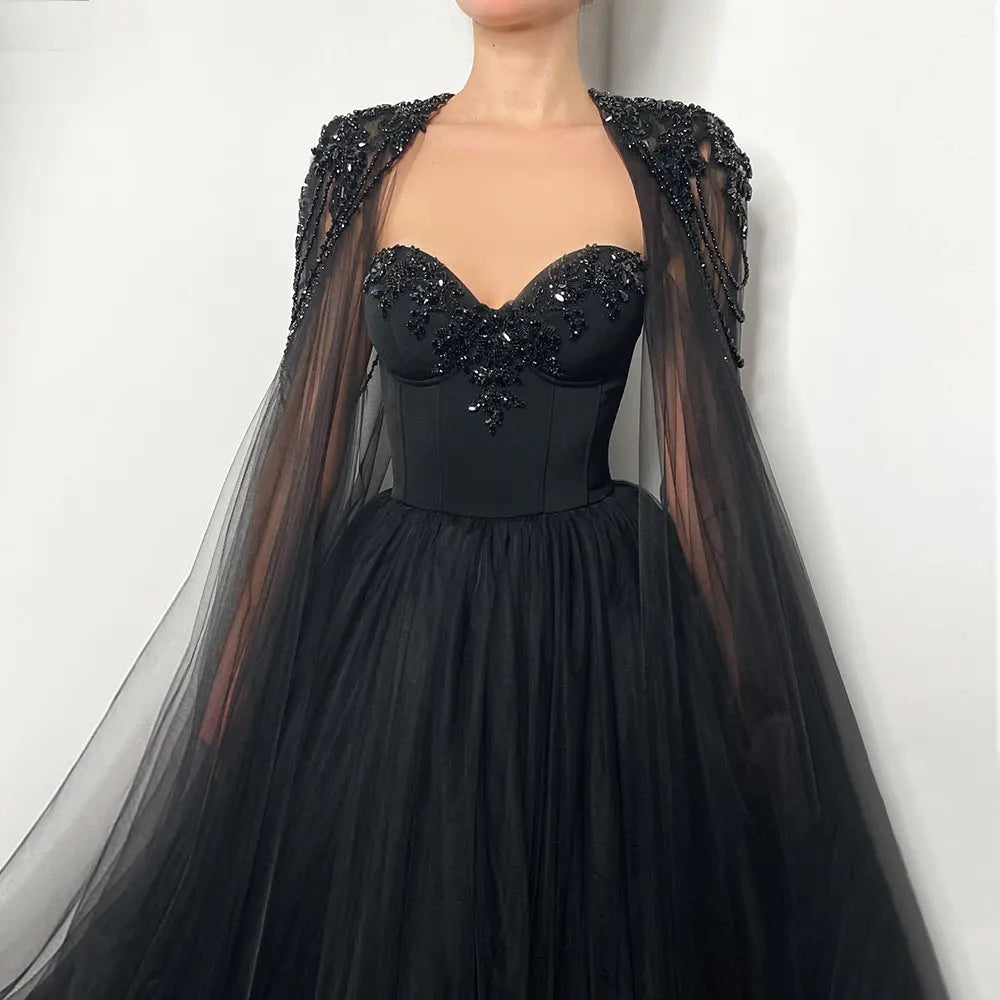 Black Luxury Gothic Wedding Dress Beaded Tulle Ball Gown With Sheer Beaded Cape ZP028