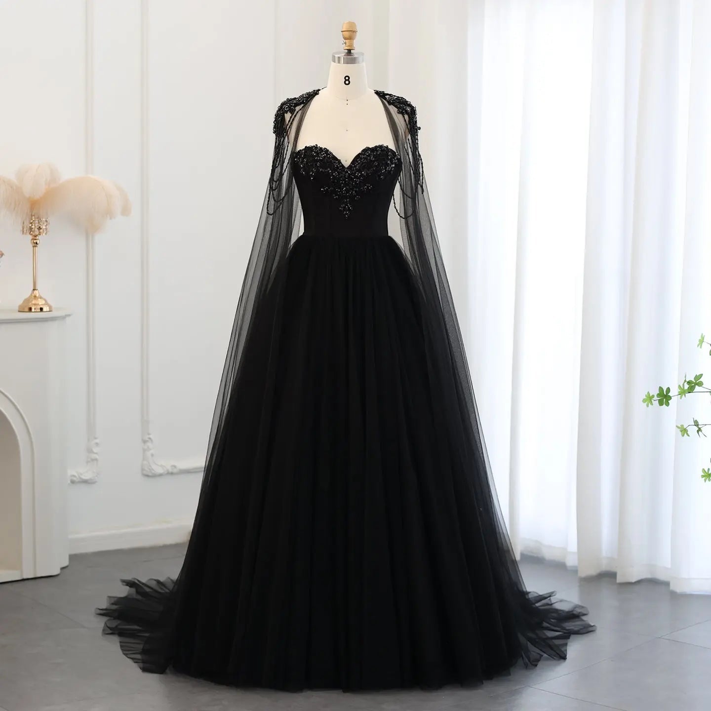 Black Luxury Gothic Wedding Dress Beaded Tulle Ball Gown With Sheer Beaded Cape ZP028