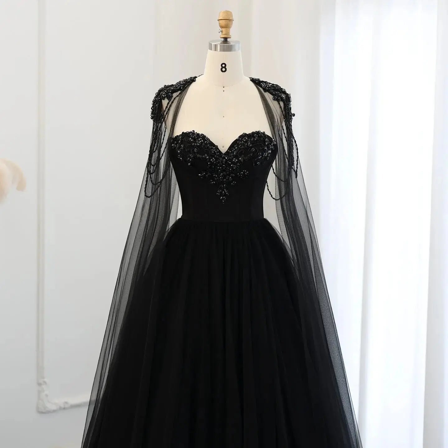 Black Luxury Gothic Wedding Dress Beaded Tulle Ball Gown With Sheer Beaded Cape ZP028