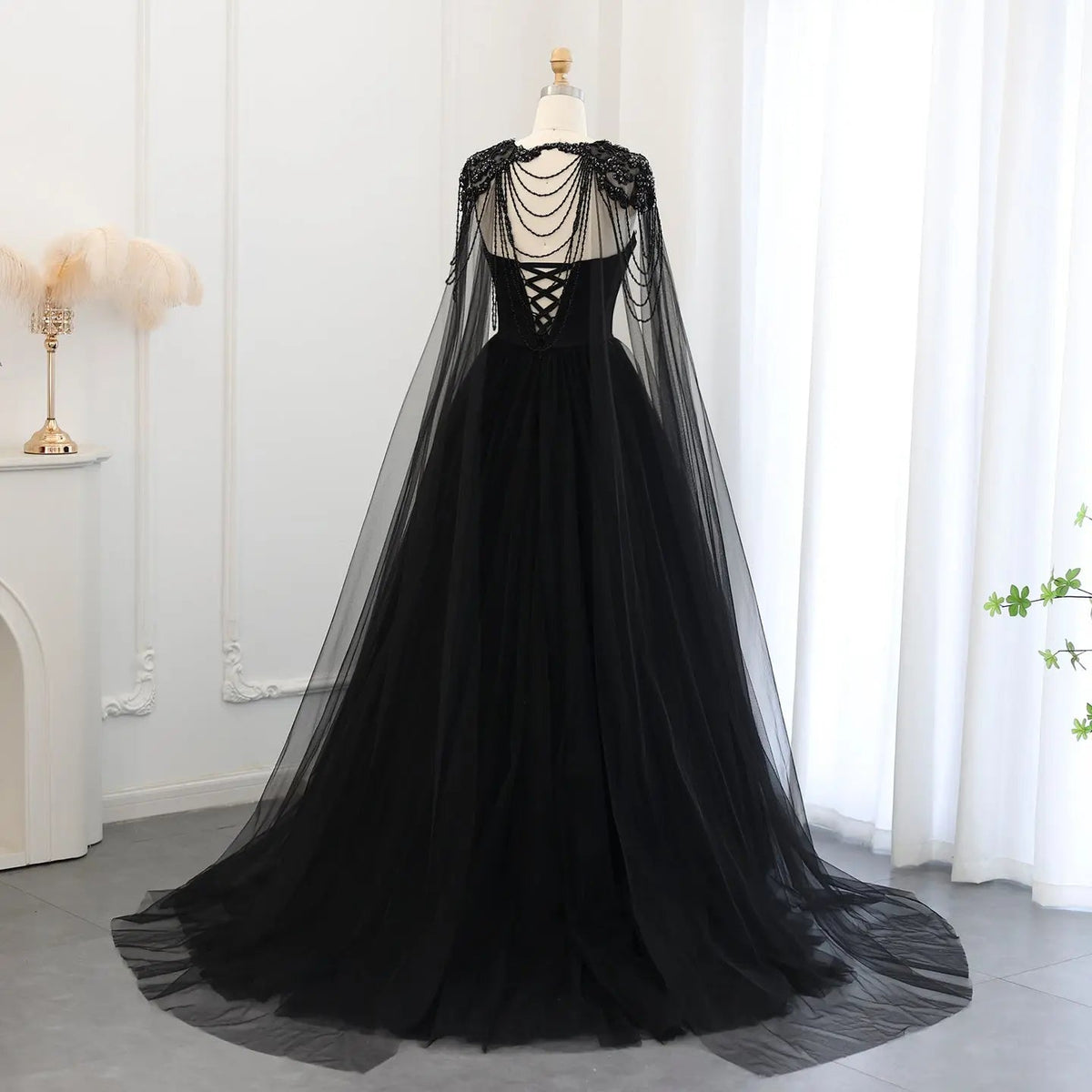 Black Luxury Gothic Wedding Dress Beaded Tulle Ball Gown With Sheer Beaded Cape ZP028