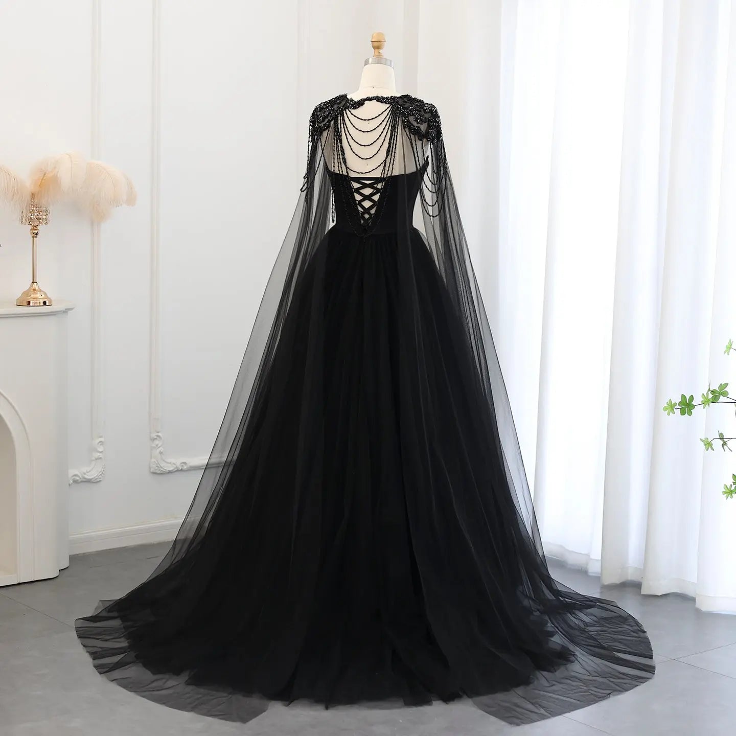 Black Luxury Gothic Wedding Dress Beaded Tulle Ball Gown With Sheer Beaded Cape ZP028